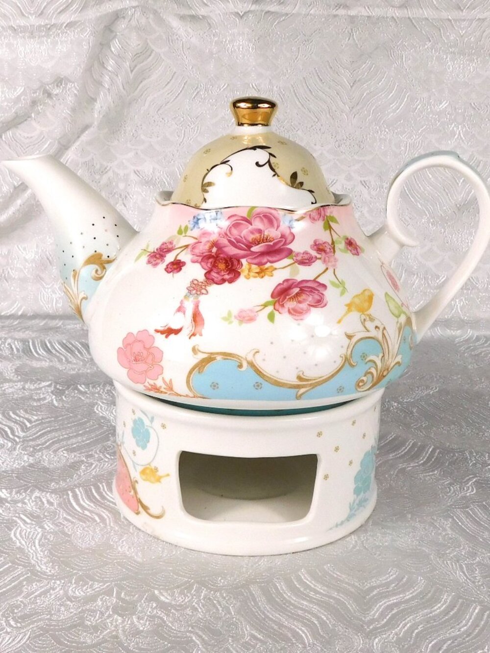 Grace’s Teaware Teapot and Warming Stand in Pink Rose Dots # 27491